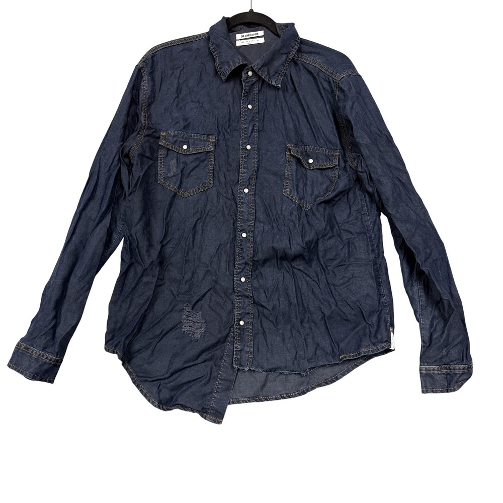 One Teaspoon Shirt Womens Medium Blue Denim Look Western Snap Button Distressed